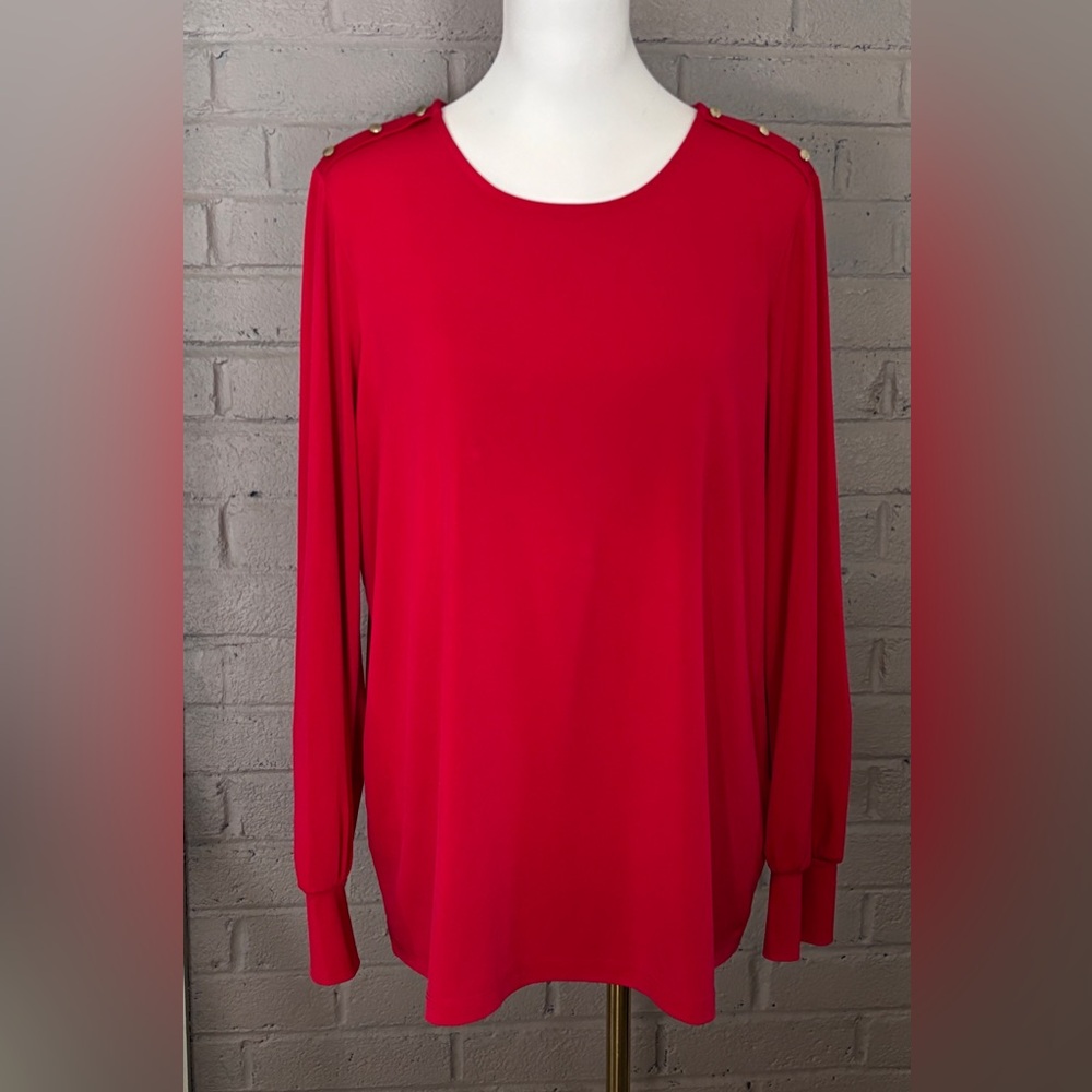 Susan Graven red gold button shoulder top L